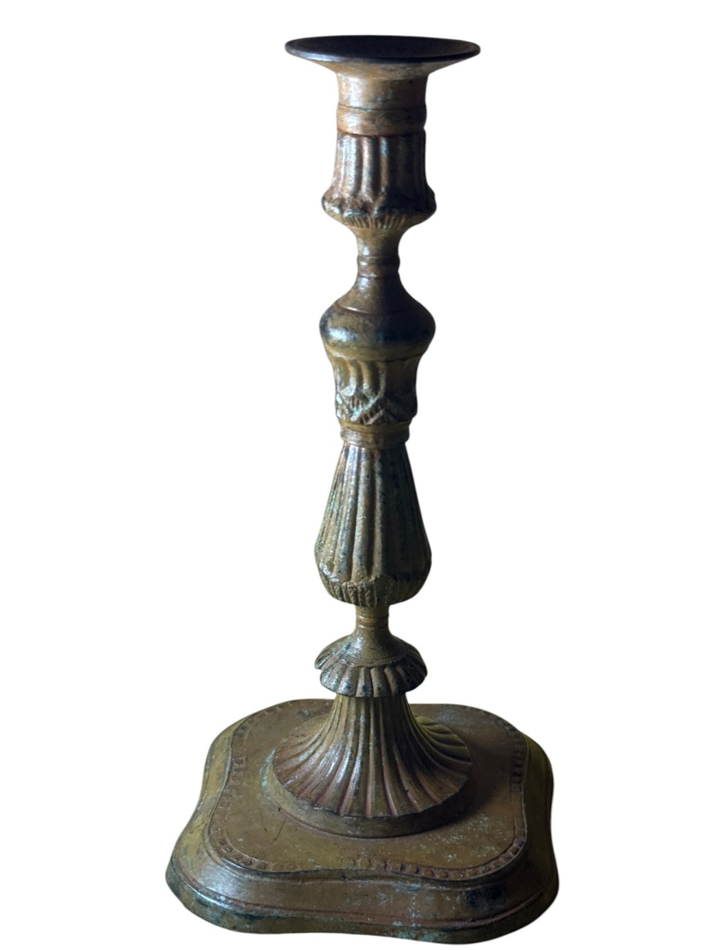 Neoclassical Antique-Style Brass Tone Decorative Candlestick in Patinated Green